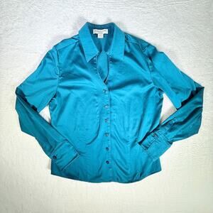 Vtg Coldwater Creek Teal Blouse Long Sleeve Botton down‎ Teal PS 6-8 No Iron Y2K